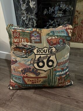 Vintage Tapestry throw pillow Route 66 Tourist man cave